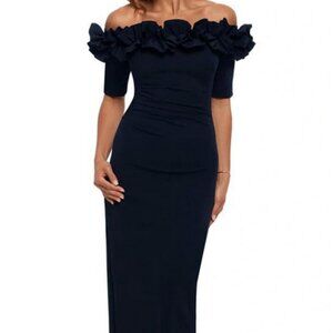 Xscape Navy Blue Ruffle Off the Shoulder Crepe Column Gown
